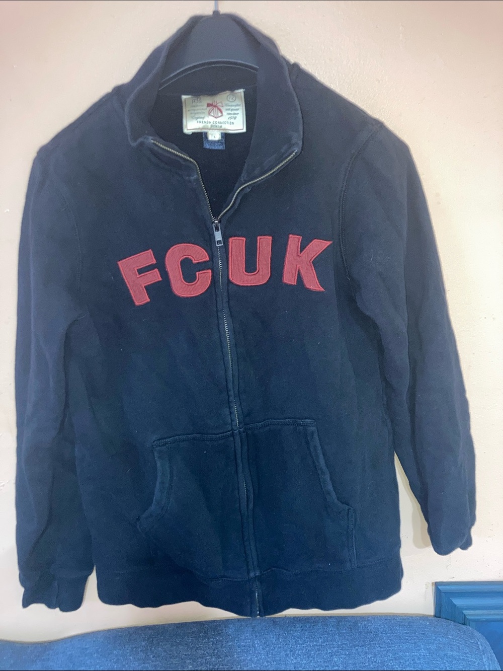 French Connection Black Sweatshirt with Red and Cream Logo Patch